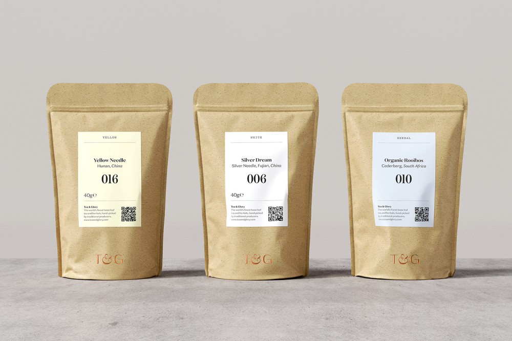 Visual identity,  logo , packaging and signage by Socio Design for loose-leaf tea experts Tea and Glory