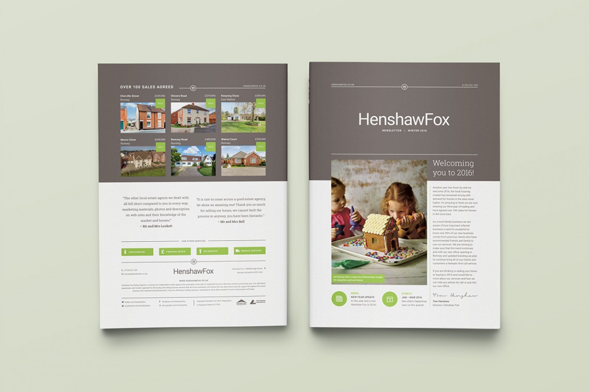 Brand identity and property brochure by graphic design studio Parent for Hampshire estate agent HenshawFox. 