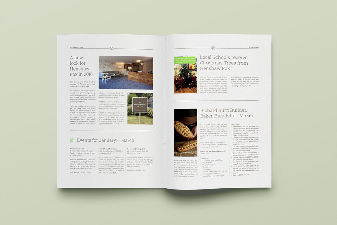 Brand identity and property brochure by graphic design studio Parent for Romsey estate agent HenshawFox. 