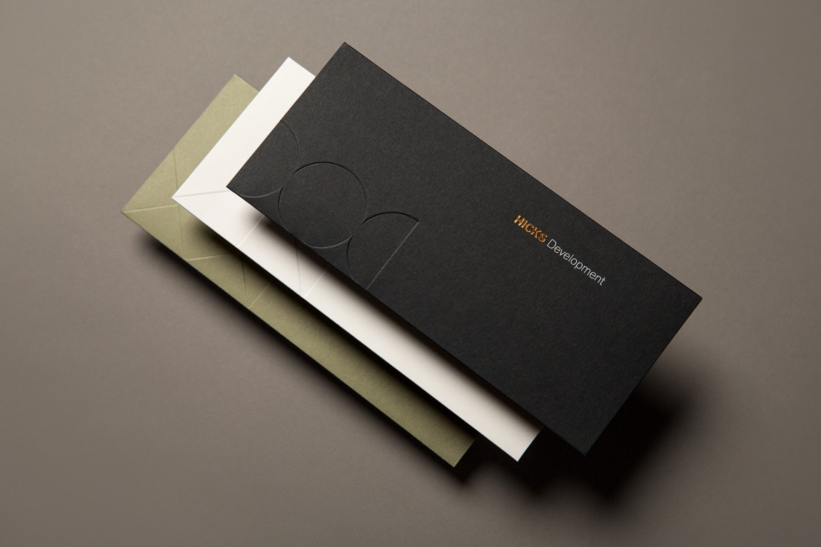 Brand identity and envelopes with block foil and blind deboss detail designed by Face for Mexican real estate group Hicks. 