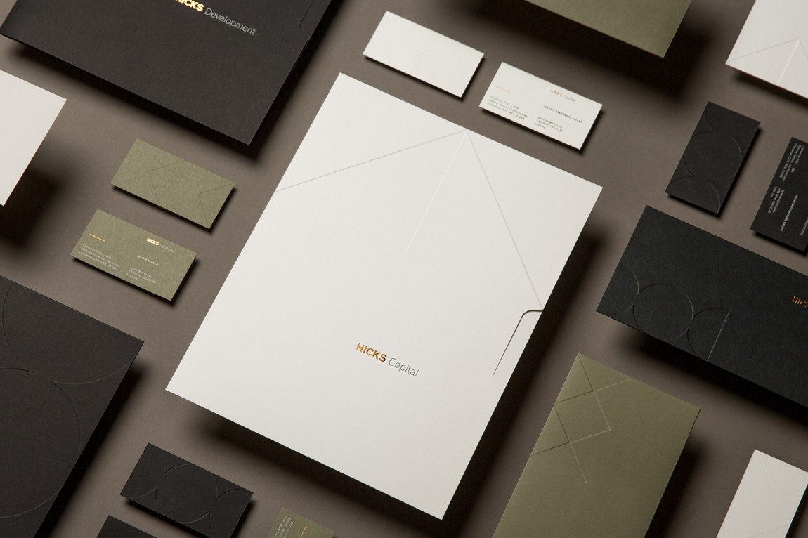 Logo, stationery and business cards with block foil detail designed by Face for Mexican real estate group Hicks. 