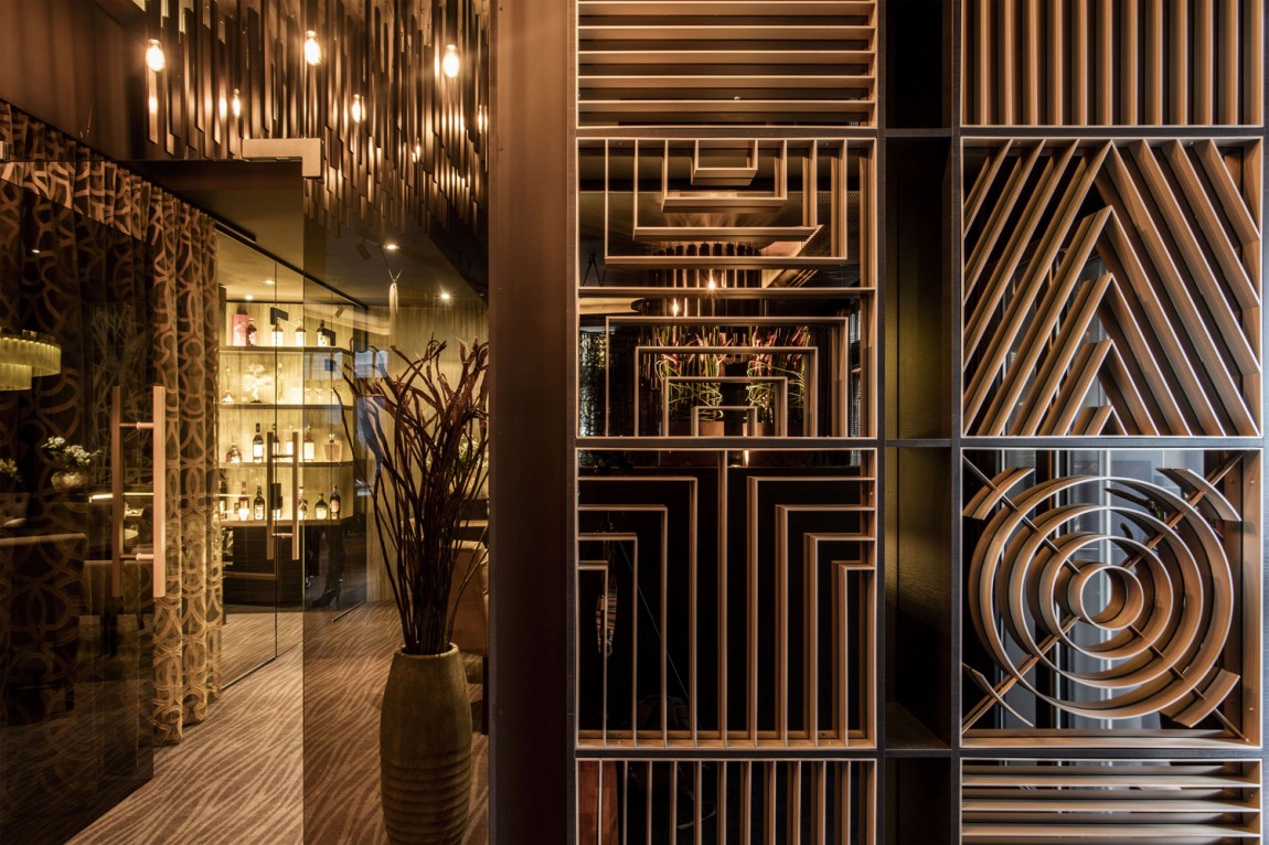 Branded partition for fine dining Asian restaurant Hato designed by Allink, Switzerland