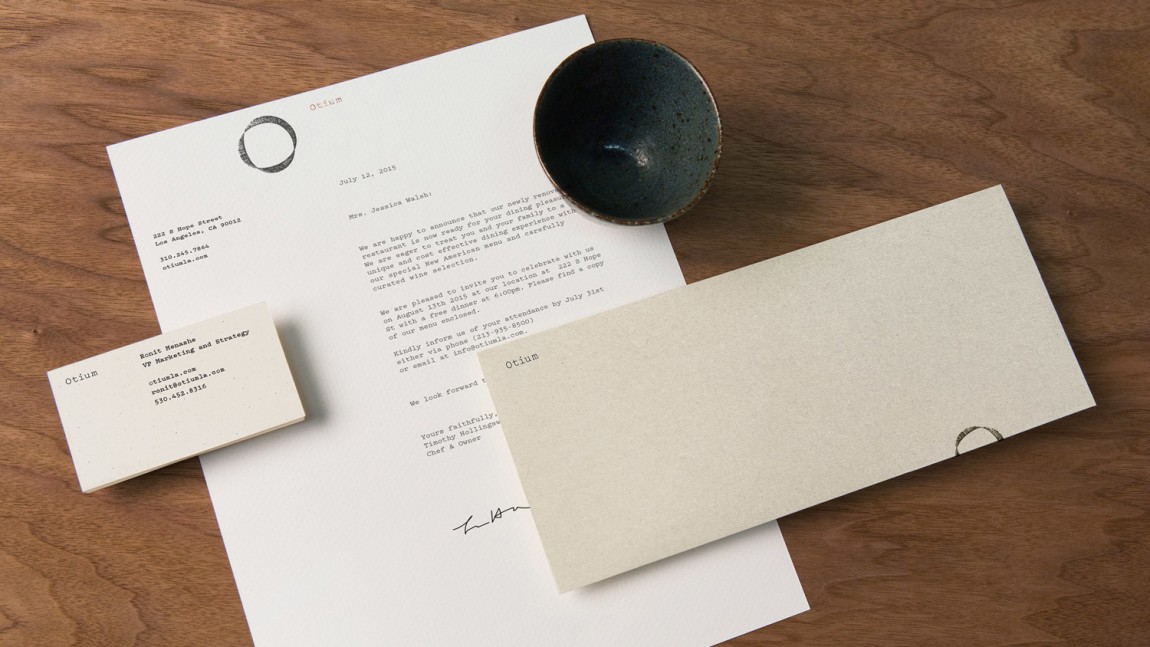 Logo, letterhead and business cards by Sagmeister & Walsh for contemporary restaurant Otium