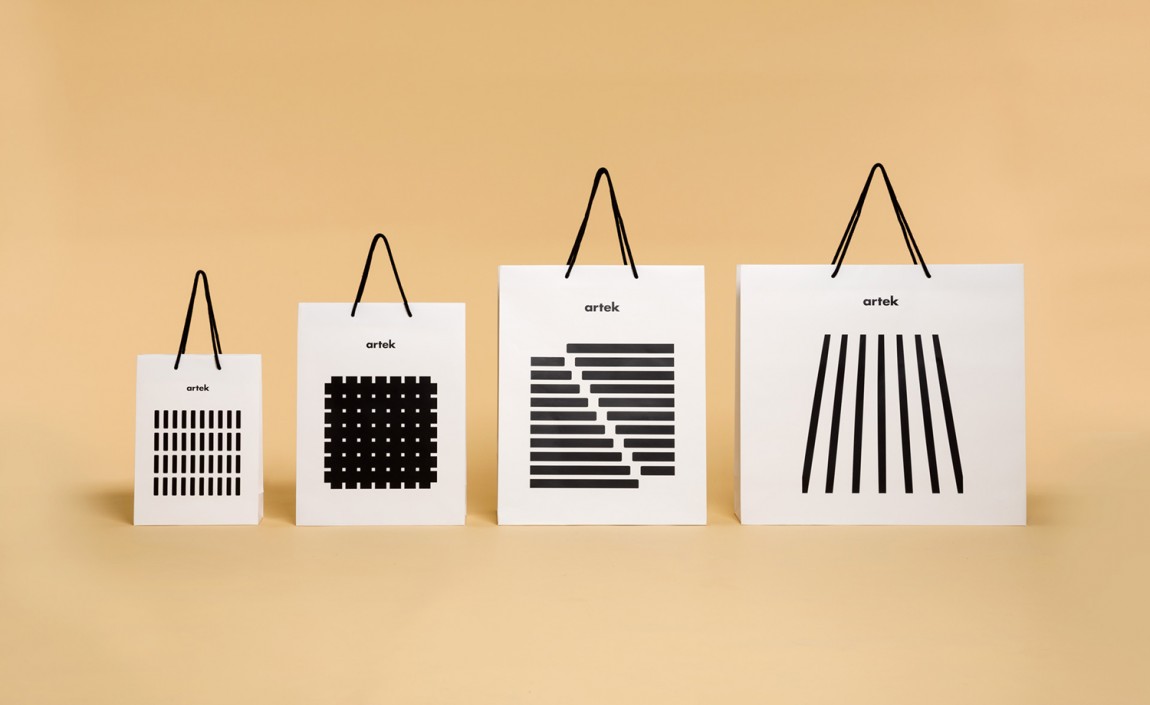 Brand identity and shopping bags by graphic design studio Tsto for furniture and homeware store Artek Helsinki.