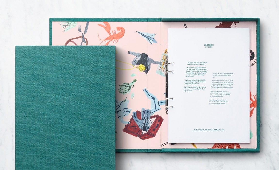 Brand identity and menu by Stockholm-based Bold featuring illustration by Klara Persson for Arlanda Airport restaurant Pontus In The Air