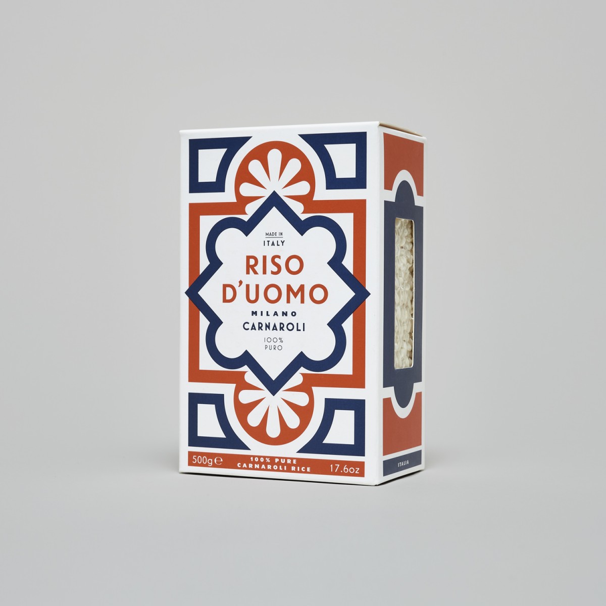 Branding and packaging by London-based Here Design for Milanese artisan rice brand Riso D'uomo