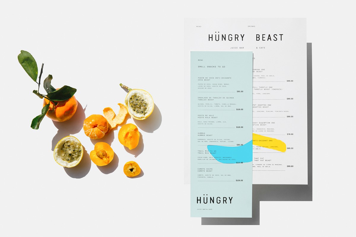 Graphic identity and menu designed by Savvy for Mexican cafe and juice bar Hüngry Beast