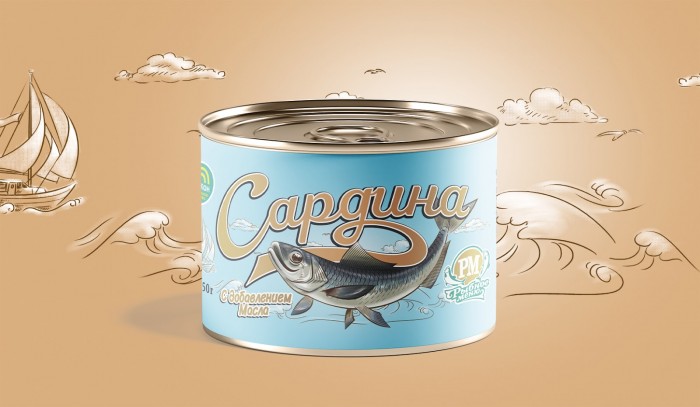 Roscon沙丁鱼罐头包装设计，复古情调插图